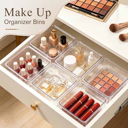 Hudgan 24 Pcs Small Drawer Organizer BinsSet, Stackable Drawer Divider Trays for Makeup Vanity, Bathroom, Office Desk, Straight Sides Tray Perfect for Craft Supplies, Cosmetics