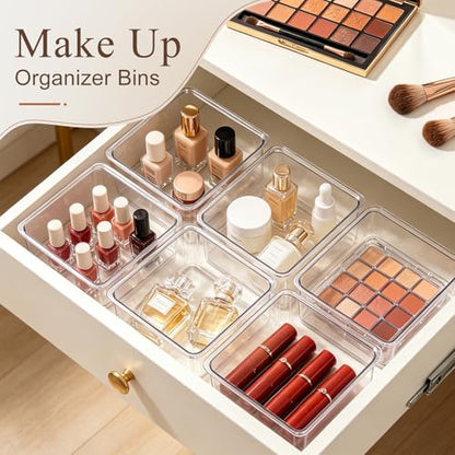 Hudgan 24 Pcs Small Drawer Organizer BinsSet, Stackable Drawer Divider Trays for Makeup Vanity, Bathroom, Office Desk, Straight Sides Tray Perfect for Craft Supplies, Cosmetics