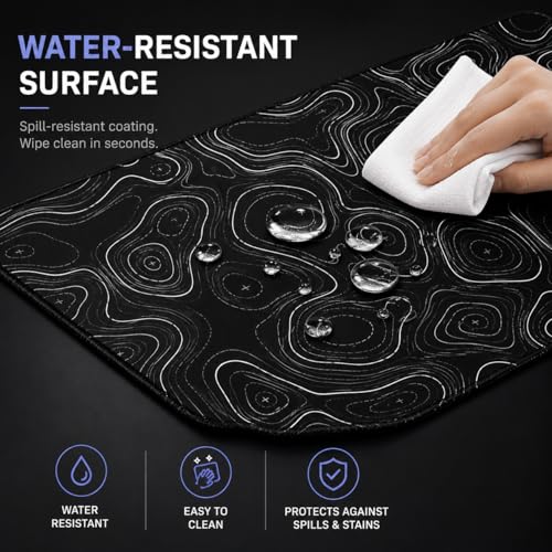 Topographic Gaming Mouse Pad 35.4x15.7 Inch, 0.12 Thickness, Extended Full Desk Mat, Non-Slip Rubber Base, Water Resistant Surface, Black Mousepad for PC Gaming, Office, E-Sports - color: Black Topographic Map