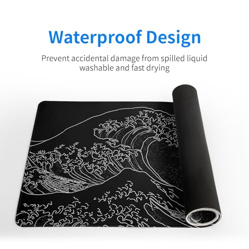 Japanese Gaming Mouse Pad Abstract Black Mouse Pad 31.5x11.8 Inch Black Sea Wave Texture Non-Slip Rubber Base Large Ocean Mousepad Stitched Edges Keyboard Mouse Mat Desk Pad for Office and Home - color: Sea Wave