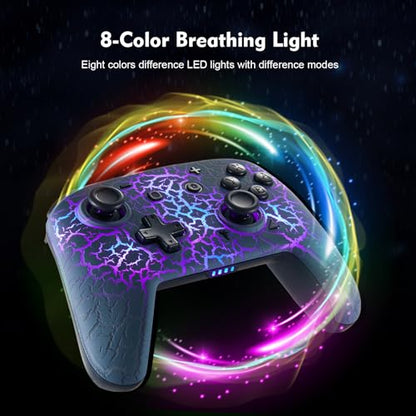 Switch Controller with Hall Joystick, Wireless Switch Pro Controller for Switch/Switch Lite/Switch OLED, 8 Colors Adjustable LED Wireless Remote Gamepad with Unique Crack/Turbo/Motion Control(Grey)