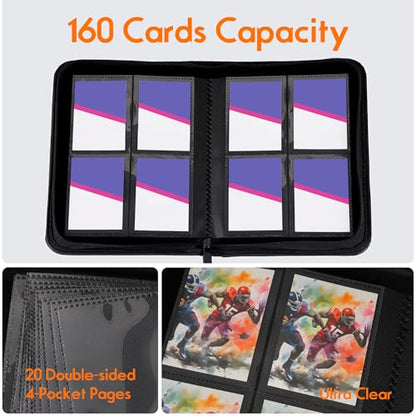 4 Pocket Trading Card Binder, Ringless Card Binder with Zipper for TCG and Sport Cards Collections, Holds 160 Cards with Side-Loading Pages, Turquoise - color: 2.Turquoise - 4 Pocket - 160 Slots