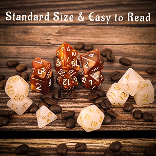 CZYY Coffee & Sugar Dice Set, 14 Acrylic RPG Dice with Silicone Cup Case | 2 Complete 7-Dice Sets, Coffee & Sugar Themes, Acrylic Resin, +3 Stamina Potion Silicone Mug Storage, Gift for RPG Players