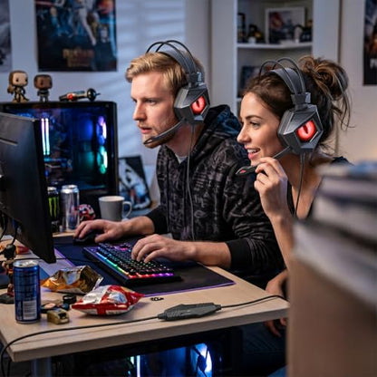 Wired Gaming Headset for PS4 PC One PS5 Controller, Noise Cancelling Over Ear Headphones with Mic, LED Light, 7.1 Surround Sound, Soft Memory Earmuffs, Red