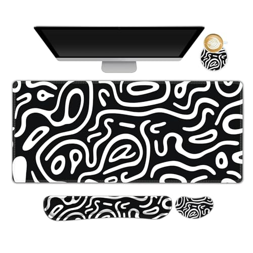 Large Gaming Mouse Pad Set, 4 in 1 Extended Keyboard Desk Mat with Wrist Rest, Computer Game Mousepad, Non-Slip Desk Pad Easy Typing Pain Relief for Home Office I Black White Topographic - color: Black White Topographic