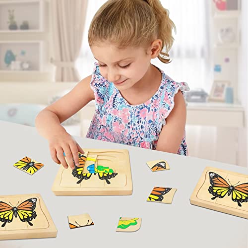 Montessori Wooden Puzzles for Kids Ages 4-8, 4 Layer Life Cycle of Butterfly Jigsaw Puzzle for Toddlers, Children Preschool Learning Educational Puzzles Spring Toys Gift for Boys and Girls (Butterfly) - style: Butterfly