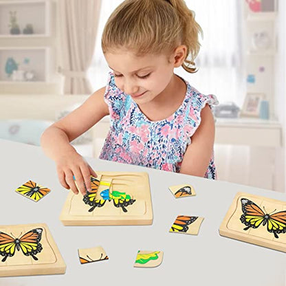 Montessori Wooden Puzzles for Kids Ages 4-8, 4 Layer Life Cycle of Butterfly Jigsaw Puzzle for Toddlers, Children Preschool Learning Educational Puzzles Spring Toys Gift for Boys and Girls (Butterfly) - style: Butterfly