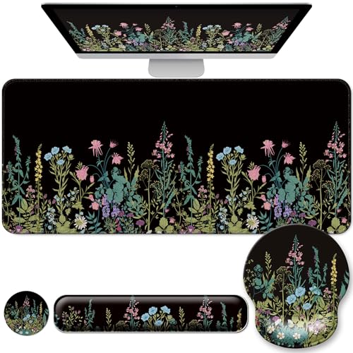 Desk Mat Set Keyboard and Mouse Pad with Wrist Rest Support | Ergonomic,Pain Relief, 4-in-1 Large Big Mousepad Computer Mats,Desk Pad Matt Mats for Desktop Home & Office - color: L2-Flowers Garden