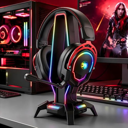 K98 Wired RGB Gaming Headset with Mic, Over Ear Gaming Headphones, 50mm Neodymium Drivers, Noise Isolating Microphone, Memory Foam Cushions, Aluminum Alloy Frame for PC, PS5, PS4, Xbox, Switch - color: Black/Red RGB
