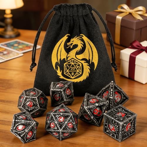 Metal Dice Set, Dragon Eye Theme, 7pcs Polyhedral Metal DND Dice Set, DND Starter Set, D&D Gifts with Gift Bag, Role Playing Board Games Accessories, Red Black Silver - color: Red Black Silver With Gift Bag