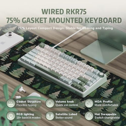 RK ROYAL KLUDGE R75 Mechanical Keyboard Wired with Volume Knob, 75% Keyboard Gasket Mounted, RGB Backlit, Creamy Keyboard with MDA Profile, PBT Keycaps, Hot Swappable Pre-lubed Tactile Switch - color: green