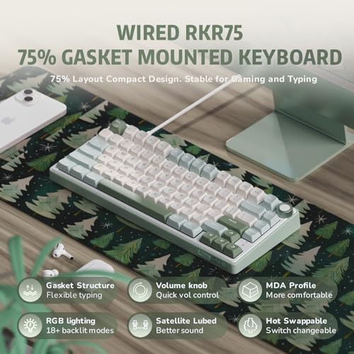 RK ROYAL KLUDGE R75 Mechanical Keyboard Wired with Volume Knob, 75% Keyboard Gasket Mounted, RGB Backlit, Creamy Keyboard with MDA Profile, PBT Keycaps, Hot Swappable Pre-lubed Tactile Switch - color: green