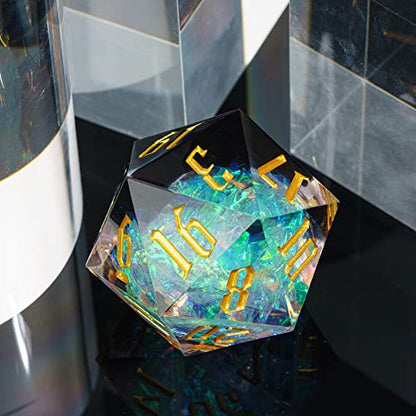 Cusdie Single D20 DND Dice with Sharp Edges and Glitter Foil Inclusions, 20 Sided D&D Dice, 33mm Handcrafted, for Role Playing Game (Black/T) - color: Black Transparent