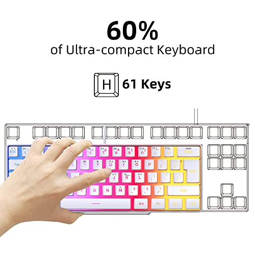 DGG 60% Wired Gaming Keyboard, Pudding Keycaps with Translucent Layer, RGB Backlit Ultra-Compact Small Keyboard, Waterproof Mini Compact 61 Keys Keyboard for PC/Mac Gamer, Typist, Travel, White - color: White