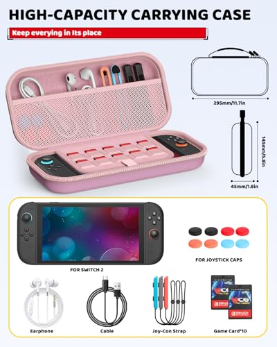 Switch 2 Slim Hard Shell Carry Case for Nintendo Switch 2 2025/Switch/OLED | Hard Shell Carrying Case with Soft Lining, 10 Card Slots, Durable Ballistic Nylon, Soft Silicone Handle, Switch2 Carry Case - color: Pink