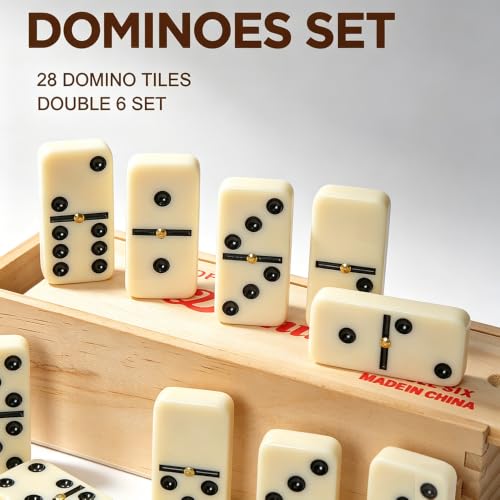Dominos Set for Adults Double 6 Standard Dominoes Set Domino Game with Wooden Box 28 Tiles Classic Board Games