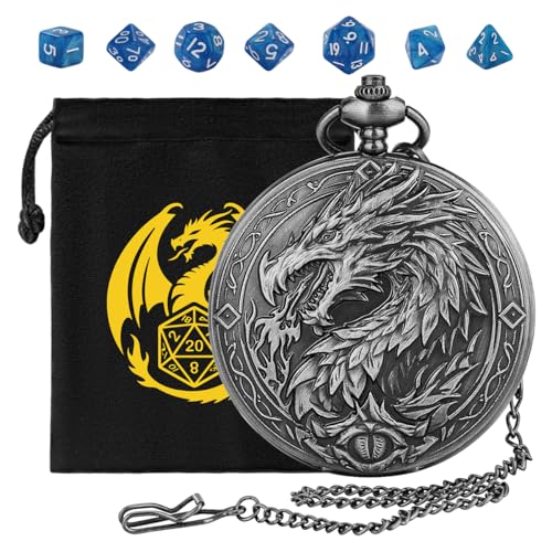 Mini DND Dice Set, 7-Piece Polyhedral Acrylic D&D Dice, with Steampunk Dragon Large Pocket Watch Case, DND Gift Bag with Dragon Logo, Role Play Board Game Accessories, Dark Silver + Blue - color: Silver + Blue