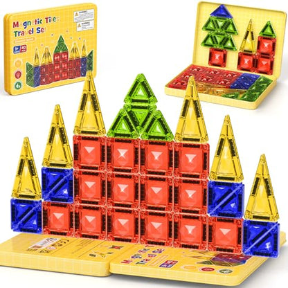40PCS Magnetic Tiles Travel Storage Diamond Blocks 10% Thicker 3+ | Magnetic tiles with diamond texture & yellow box. Great for travel, car rides, Montessori play & on-the-go fun - size: 40 PCS
