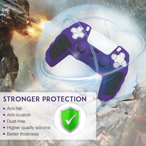 SIKEMAY Anti-Slip PS5 Controller Skin, Soft Thicken Non-Slip Silicone Gel Protective Cover Case for PlayStation 5, 2 Pack with 8 x Thumb Grip Caps - color: Purple-Black
