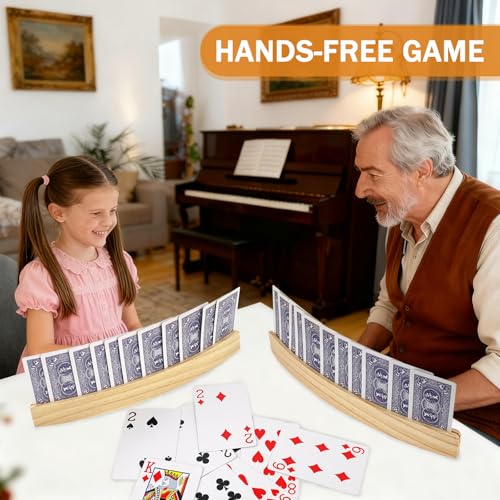 ZUFECY 2-Pack Grooved Wood Card Stands, Arc-Shaped Hands-Free Playing Card Accessories, Ideal for Seniors, Adults and Family Game Nights