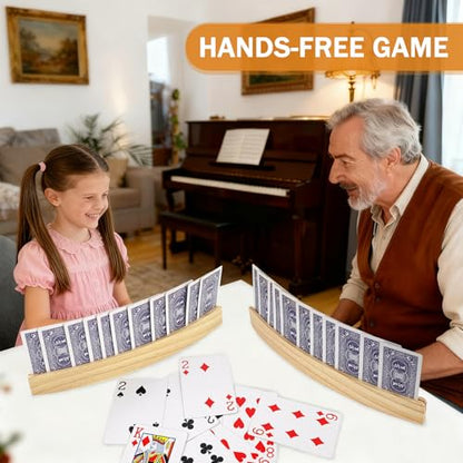 ZUFECY 2-Pack Grooved Wood Card Stands, Arc-Shaped Hands-Free Playing Card Accessories, Ideal for Seniors, Adults and Family Game Nights