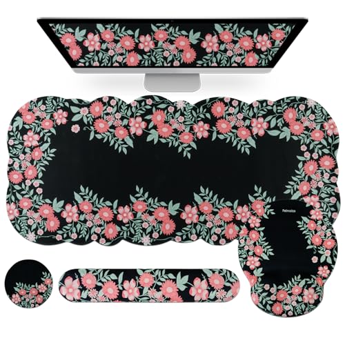 Petmolico Desk Pad Set with Wrist Rest for Keyboard & Mouse, Blue & Red | Anti-slip PU base, durable Lycra & memory foam, relieves wrist fatigue, perfect for work, home & daily use - color: Black&daisy