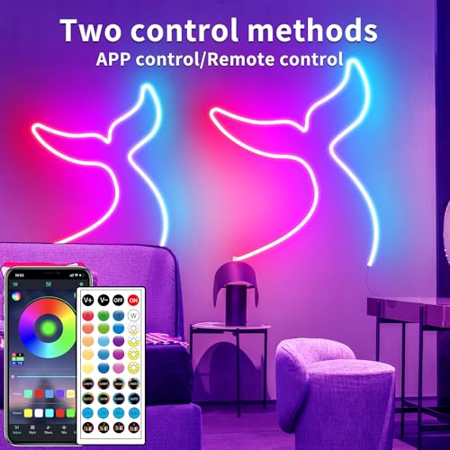 segrass 50ft RGB LED neon Rope Lights LED neon Strip Lights with Remote Control/APP Control IP65 24V Waterproof Flexible Neon LED Strip Lights,Led Lights for Bedroom Room Outdoors Décor - size: 50FT