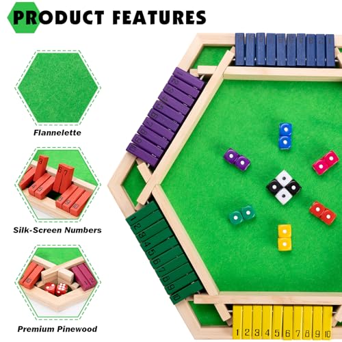 MNYUN Shut The Box Game Large for 6 Players, 15 inch Wooden Board Table Math Game with 16 Dice and Instructions, Classics Close The Box Board Game - size: 14.99 INCH