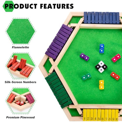 MNYUN Shut The Box Game Large for 6 Players, 15 inch Wooden Board Table Math Game with 16 Dice and Instructions, Classics Close The Box Board Game - size: 14.99 INCH