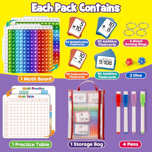 Torlam Math Flash Cards Math Board,Math Games Manipulatives Times Table Chart Fun Learning Interactive Practice Kit for Kids,Multiplication,Division,Addition,Subtraction Flash Card Pack Toys for Kids - style: 332 Flash Cards+Math Board+Dice+Storage Bag+Pe