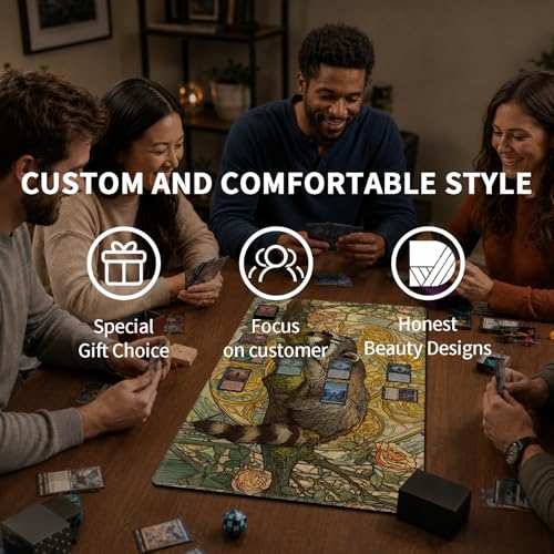 Card Playmat 24" x 14" TCG Game Mat for MTG and Other Card Games, Premium Stitched Card Gameplay Mat with Non-Slip Rubber Backing Board Games Desk Duel Mats, Art Nouveau Sleeping Raccoon - color: Art Nouveau Sleeping Raccoon, size: 24"X14" Without Zones