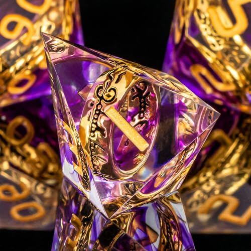 OUKELANWO Magic Lord Rings DND Dice Set with Box, 7Pcs Resin LOTR D&D Dice Set for Role Playing Game, Purple Gold Dungeons Dragons D and D Sharp Edge Dice D20 D12 D10 D8 D6 D4 - color: Purple