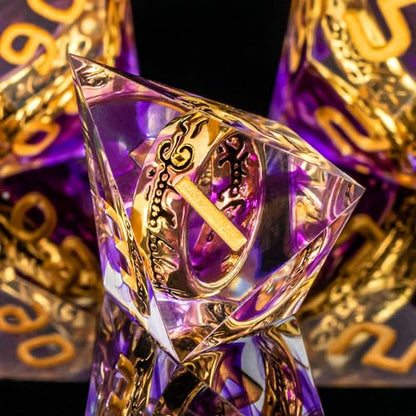 OUKELANWO Magic Lord Rings DND Dice Set with Box, 7Pcs Resin LOTR D&D Dice Set for Role Playing Game, Purple Gold Dungeons Dragons D and D Sharp Edge Dice D20 D12 D10 D8 D6 D4 - color: Purple