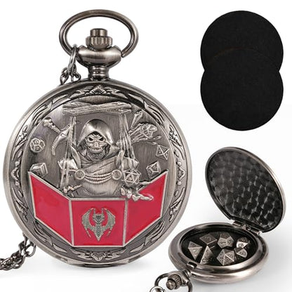Kabinka D&D Dice Set with Pocket Watch Shell, 7Pcs Polyhedral Dice Set, DND Dice with Necklace Perfect for Dungeons and Dragons Dice, RPG, Role Playing Dice Accessory (DM, Ancient Silver) - color: Ancient Silver, style: DM