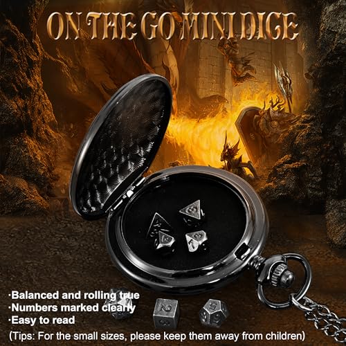 Kabinka DND Dice Set, 7pcs Mini Metal Dice with Pocket Watch Shell, Portable D&D Dic with Necklace, Dungeons and Dragons Dice for RPG(Five-Headed Dragon, Black) - color: Black, style: Five-Headed Dragon