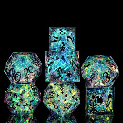 Cusdie 7-Die Sharp Edges DND Dice Set, Cat Pattern Polyhedral D&D Dice Set for DND TTRPG Role Playing Games - color: Cat Pattern-transparent Black