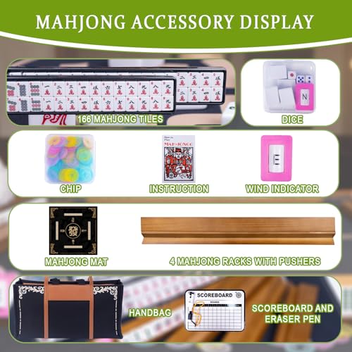 1 American Mahjong Set,Complete Game Kit, 166 Tiles Mahjong Tile Set with Wooden Pushers Racks, Carrying Bag, Mahjong Mat, Score Cards, Chips, Dice & Accessories Mahjong Set