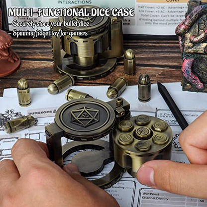 CZYY Metal Polyhedral Bullet Dice Set with Spinning Revolver Cylinder Case | Complete 7-Dice Set, Solid Metal, RPG Fidget Tool, Accessories for DND, Sci-Fi, Western & Tabletop Game Themes, Bronze - color: Bronze