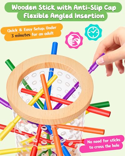 Montessori Wooden Board Games for Kids Ages 4-8, 42 Wooden Sticks Game Quick Setup, Board Games for Kids 4-6, Fine Motor Skills Toy Montessori Toys for 3 4 5 6 Year Olds, Family Games Gift Boys Girls
