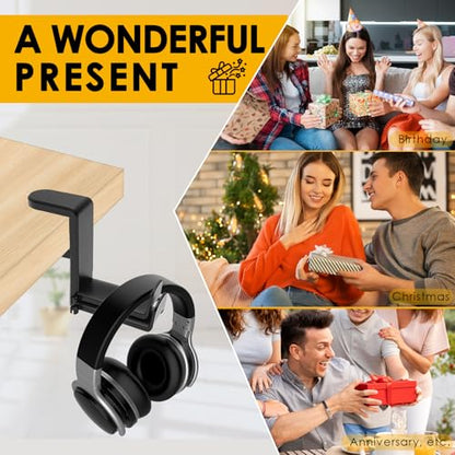 Headphone Holder Under Desk, Dual Headphone Stand Hanger 360 Degree Rotating Headset Holder Under Desk, Clamp On Earphone Organizer for 0.35 to 1.65 inch Thick Table