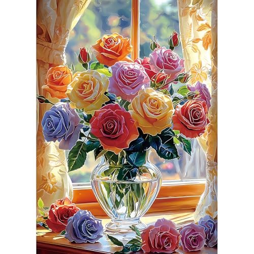 1000 Piece Puzzle for Adults, Colorful Mixed Rose Bouquet Jigsaw Puzzle with Letters on Back for Family, Adults, Gifts, Party Game, Finished Size 27.5" x 19.7" - color: Color-mixed Rose Bouquet, size: 27.5" X 19.7"