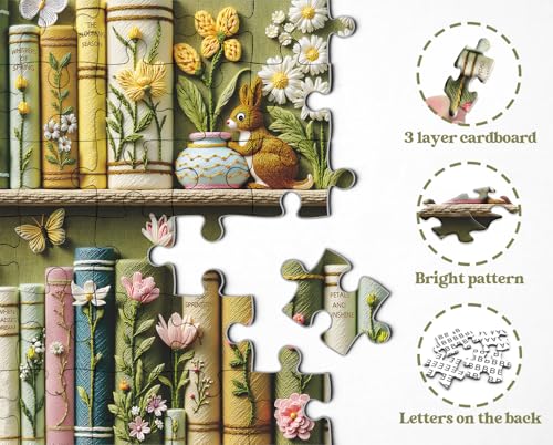 Spring Floral Bookshelf Puzzles for Adults 1000 Pieces, Challenging Bunny Garden Library with Flower and Butterfly, Vintage Botanical Book Spine Aesthetic Art Jigsaw Puzzle