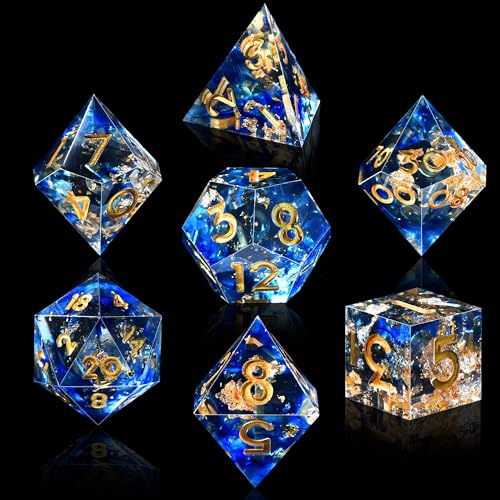 AUSTOR 7-Die DND Dice Set Handmade Sharp Edge Polyhedral Dice for Dungeons and Dragons RPG MTG Table Games（Tranlucent Blue with Glod Sequins） - color: Tranlucent Blue With Glod Sequins