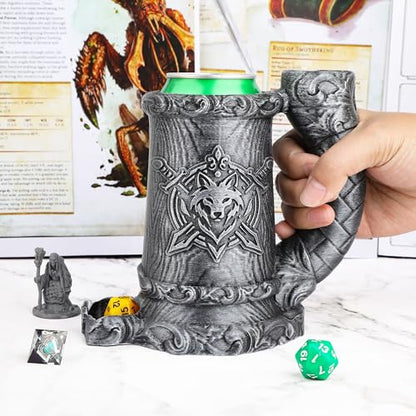 Dungeons and Dragons Dice Tower, Dice Rolling Tower for RPG & Board Games | Hand-Painted Gothic Pen Stand, Dice Organizer & Beverage Holder–Gift for TTRPG Enthusiasts-FF287B Silver - color: Silver, style: FF287-Wolf Crest Cup