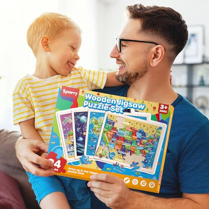 SYNARRY Large US World Earth Solar System Wooden Puzzles for Kids Gift Box(12.2 * 9.4 in), Puzzles for Toddlers 3-5, Wood Puzzles for Kids Ages 4-6, Easter Basket Stuffers Gifts for Kids - style: US World Earth Solar System