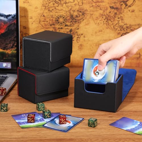 Weewooday 3 Pieces Leather Deck Card Boxes Game Box for 100 Plus Cards Playing Magnetic Storage Box Compatible with Mtg Tcg(Black, Black Red, Black Blue,Horizontal)