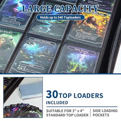9-Pocket Trading Card Binder with Zipper – Protect & Organize Football, Sports & Cards – 540 Cards (Front/Back) +100 Sleeves, 30 Side-Loading Pages – Premium PU Leather for MTG, TCG – Black
