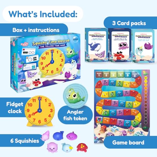 The Fidget Game Squishy Time Rescue - Telling Time Game for Kids Ages 6-11 | Grades 1-5 Multisensory Hands-On Learning Board Game with Manipulatives, Classroom Must Have