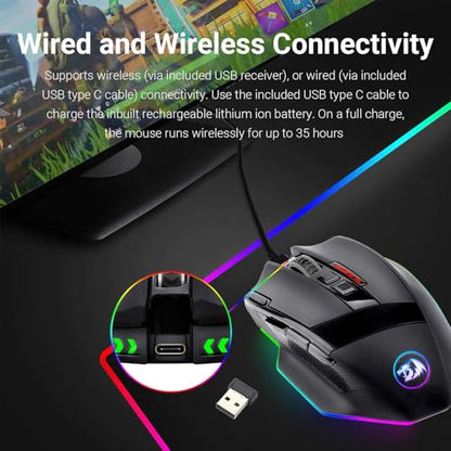 Redragon M801 Wireless Gaming Mouse, RGB Gaming Mouse with MMO 9 Programmable Macro Editing Buttons, UP 16000 Adjustable DPI, Rapid Fire Button for Game, Windows,PC - Wireless, Black - color: Black