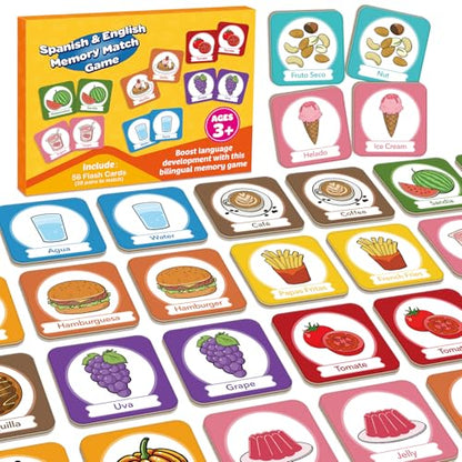 Edulok Memory Card Game, Toddler Match Game, Learn Spanish for Kids, Bilingual Flash Cards, Learning Toys for 4 Year Old, Preschool Learning Activities, Homeschool Supplies, Kindergarten Toys - style: Food